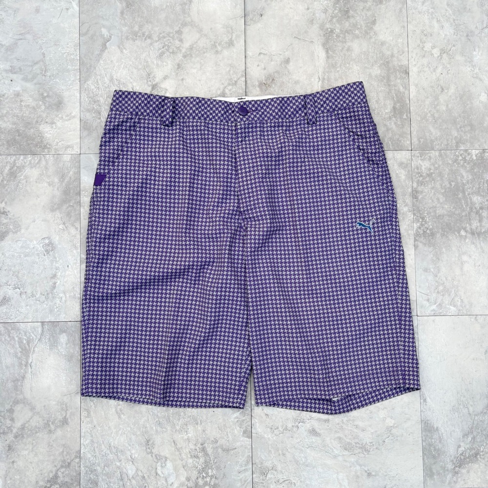 Puma Golf Shorts Mens 36 Purple Grey Houndstooth Sportlifestyle Plaid Flat Front